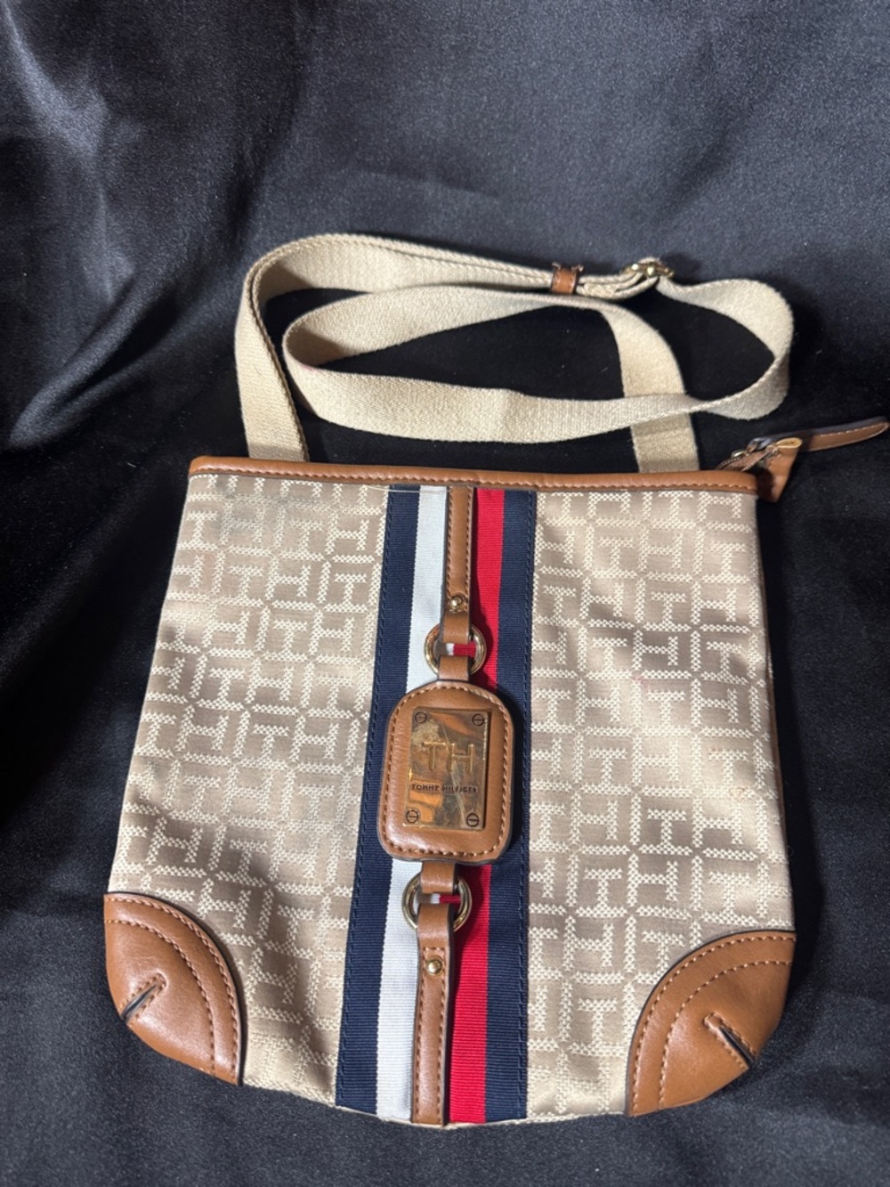 Tommy Hilfiger Beige Crossbody with Red, Navy & White Stripe
